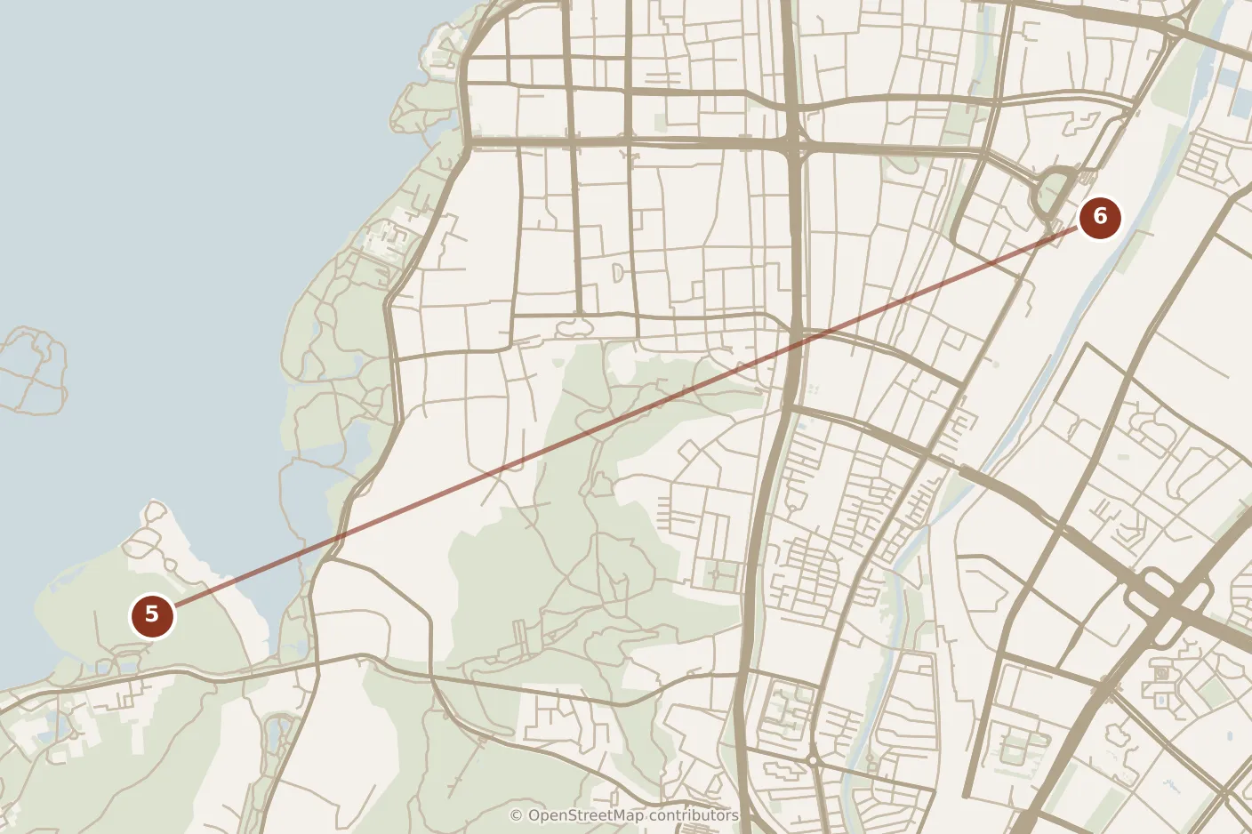 Map of Hangzhou, evening: stop 6, numbered in walking order.