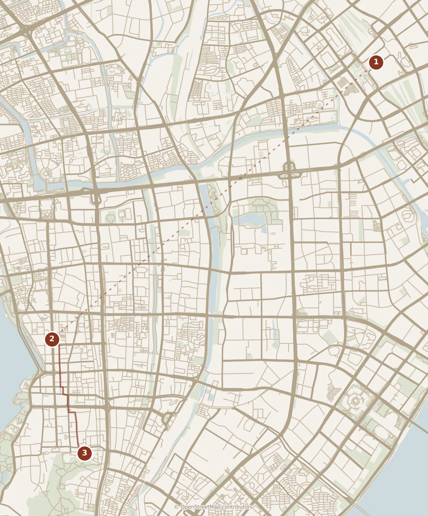 Map of Hangzhou, morning: stops 1–3, numbered in walking order.