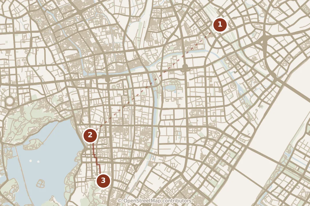 Map of Hangzhou, morning: stops 1–3, numbered in walking order.