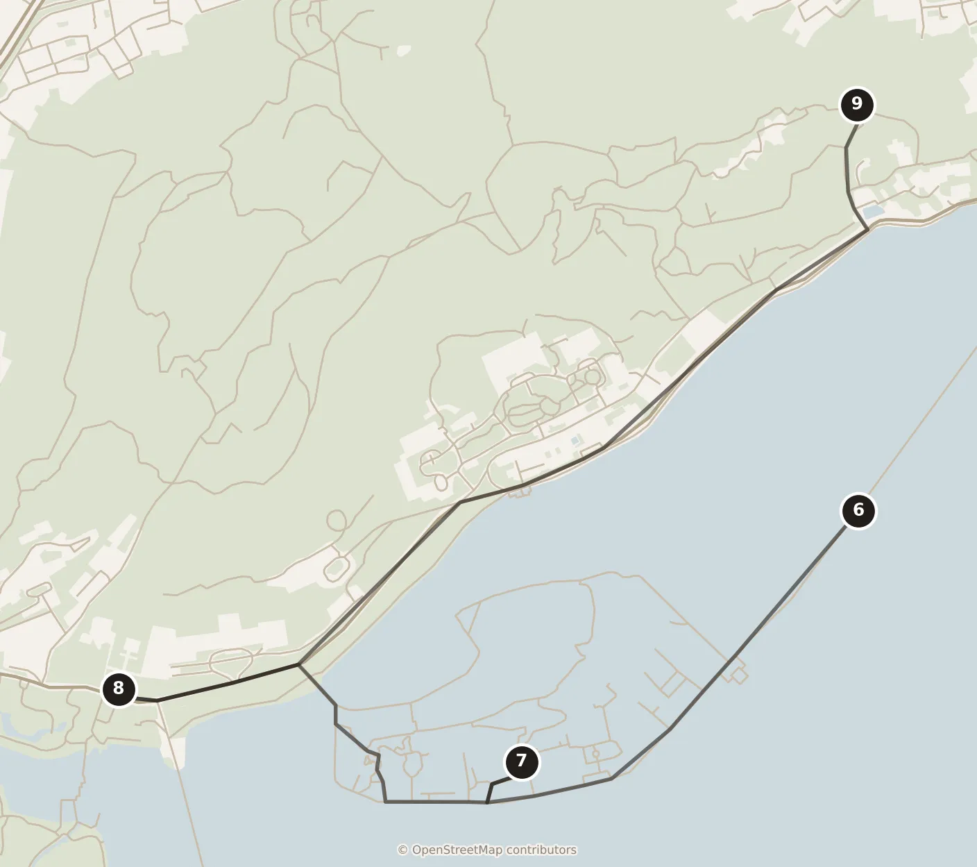 Map of Hangzhou, morning and afternoon: stops 6–9, numbered in walking order.
