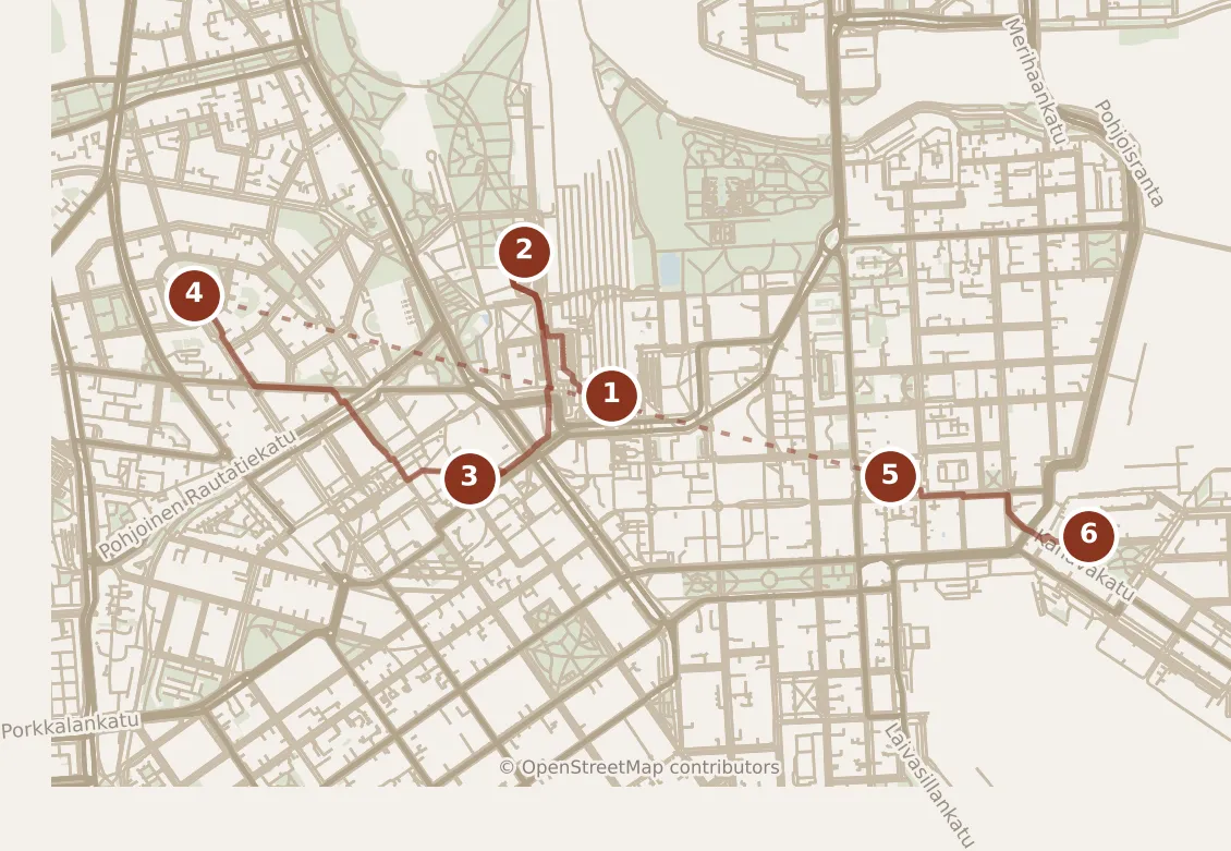 Map of Helsinki, morning: stops 1–6, numbered in walking order.