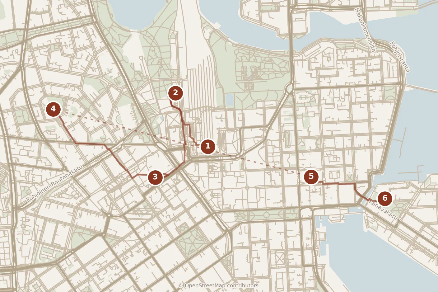 Map of Helsinki, morning: stops 1–6, numbered in walking order.