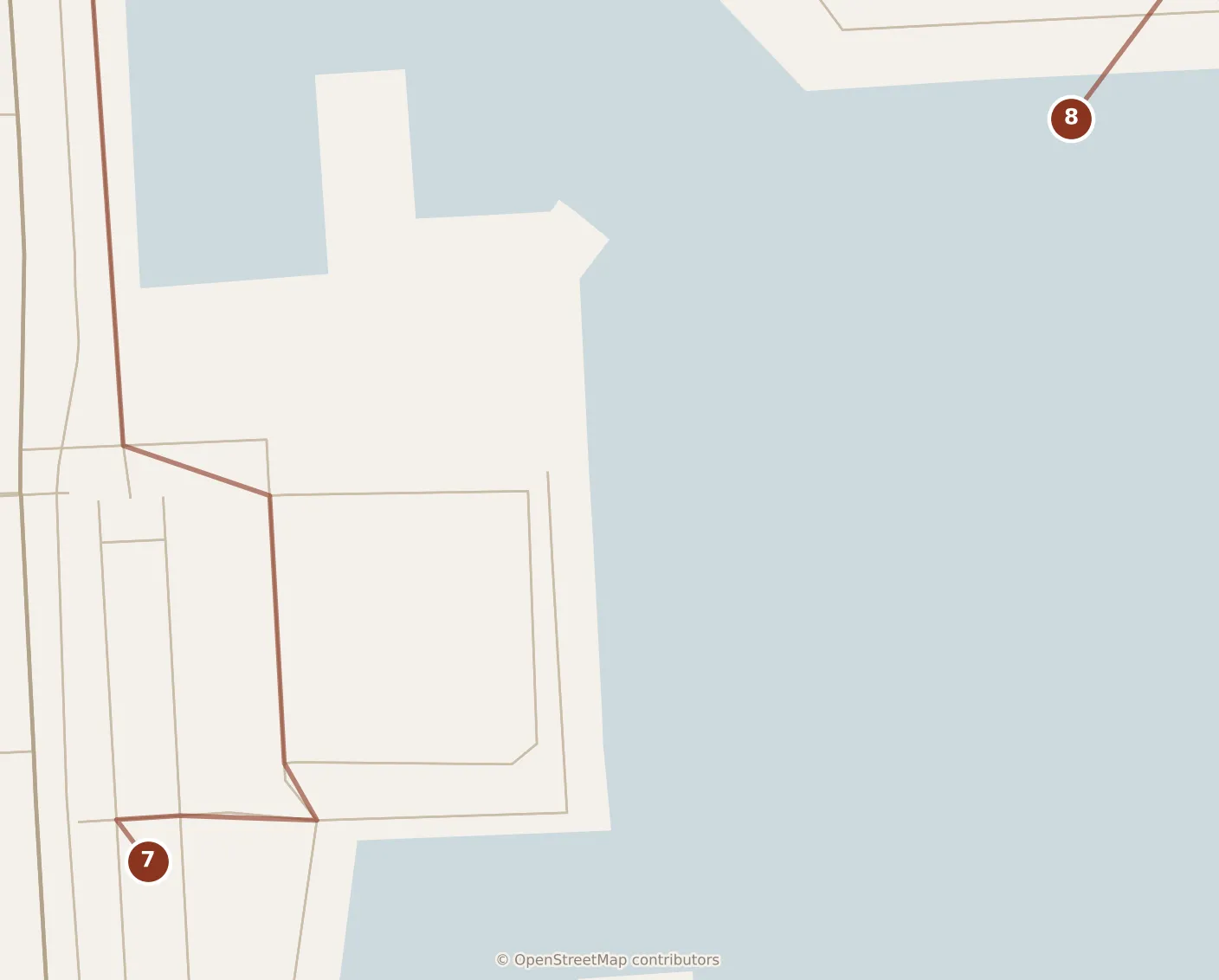 Map of Helsinki, afternoon: stops 7–8, numbered in walking order.