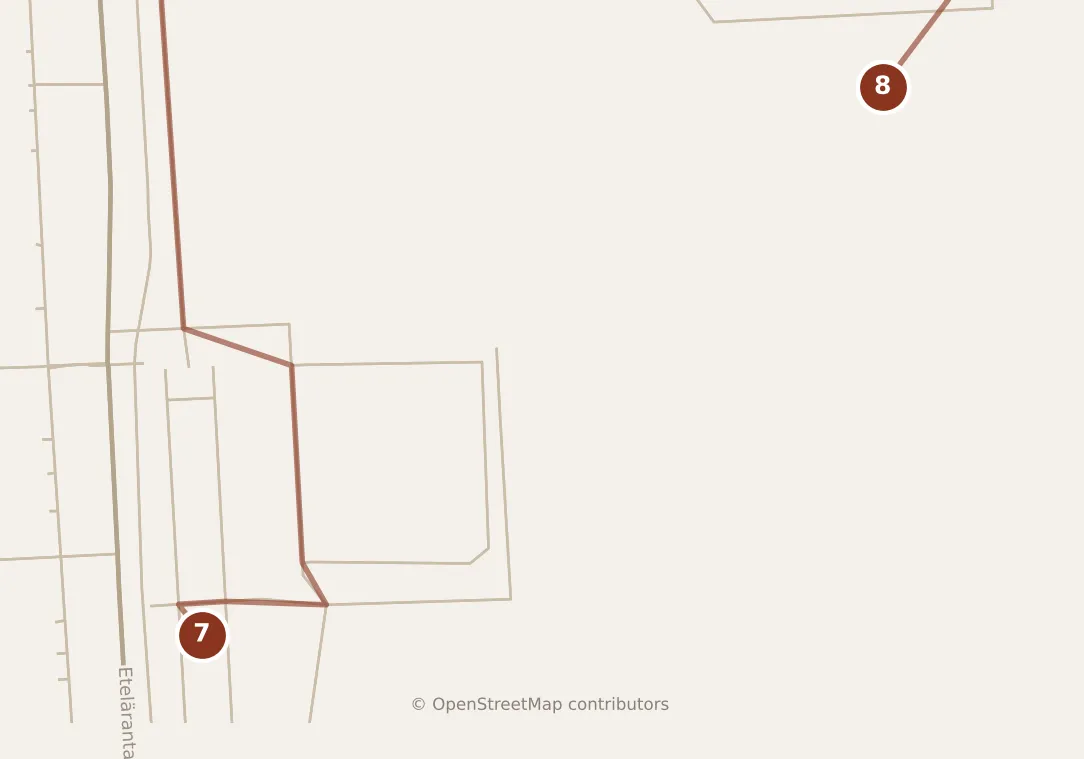 Map of Helsinki, afternoon: stops 7–8, numbered in walking order.