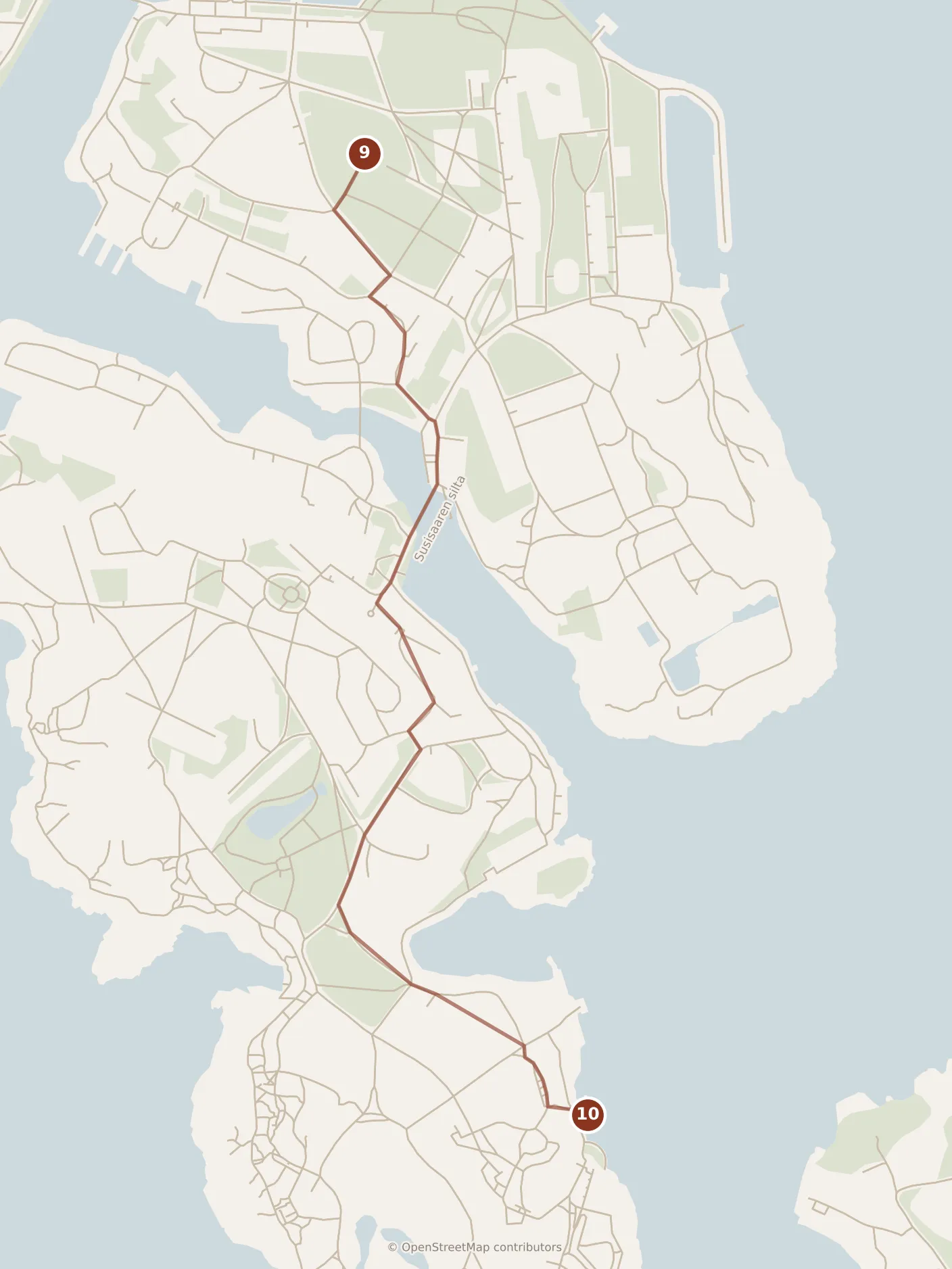 Map of Helsinki, afternoon: stops 9–10, numbered in walking order.