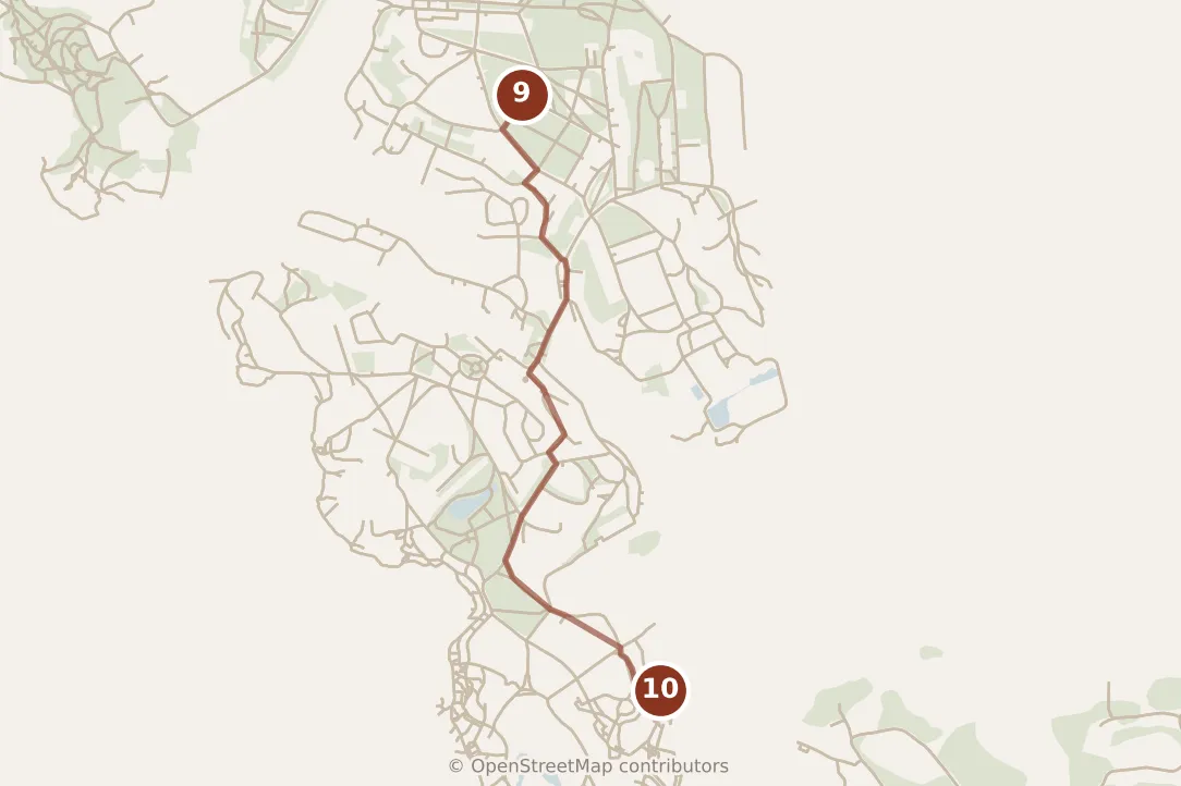 Map of Helsinki, afternoon: stops 9–10, numbered in walking order.