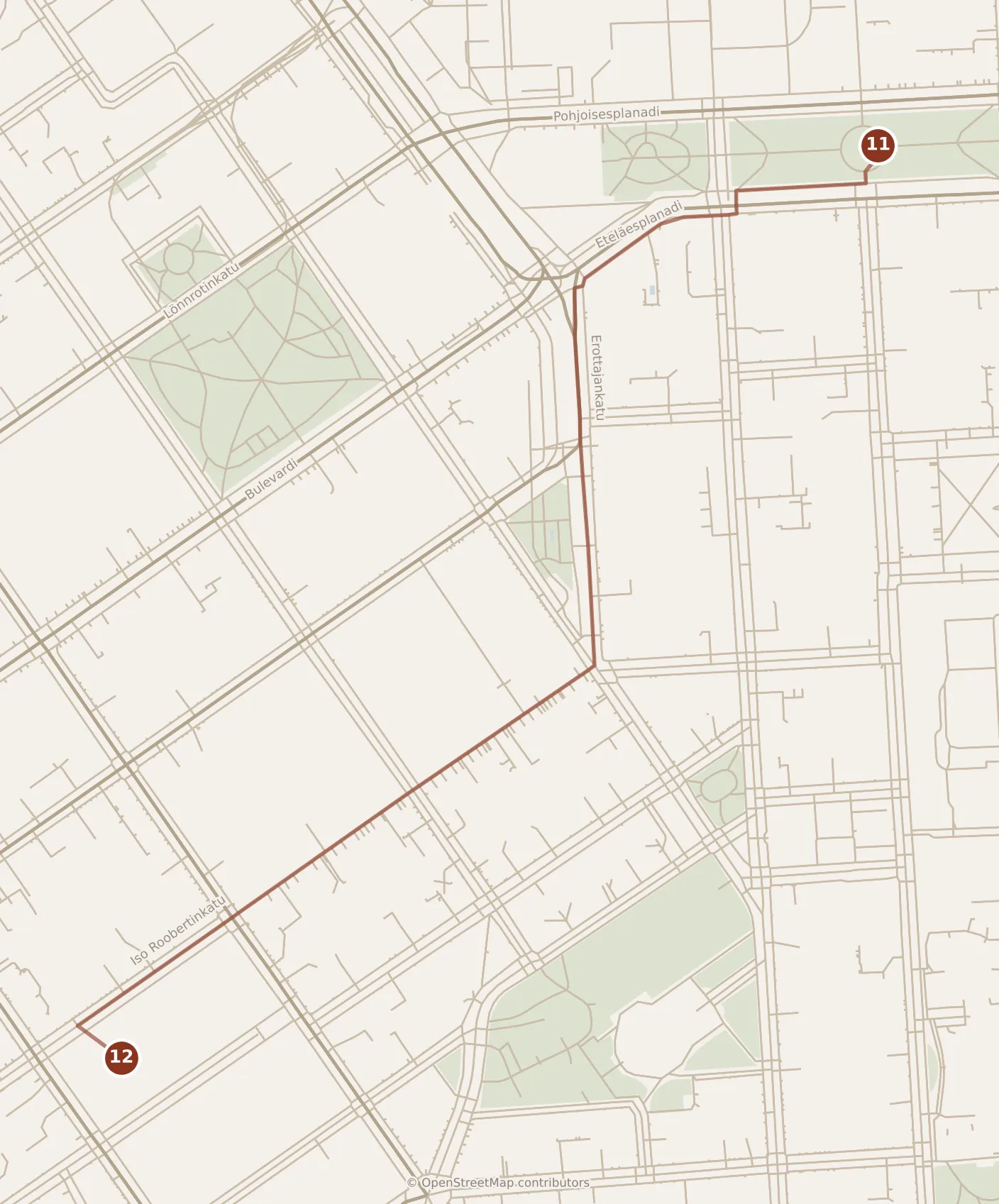 Map of Helsinki, evening: stops 11–12, numbered in walking order.