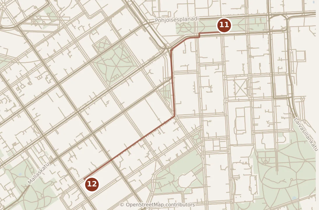 Map of Helsinki, evening: stops 11–12, numbered in walking order.