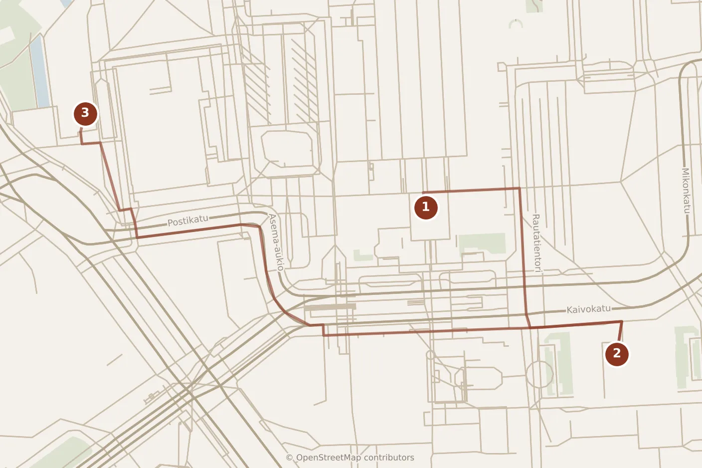 Map of Helsinki, morning: stops 1–3, numbered in walking order.
