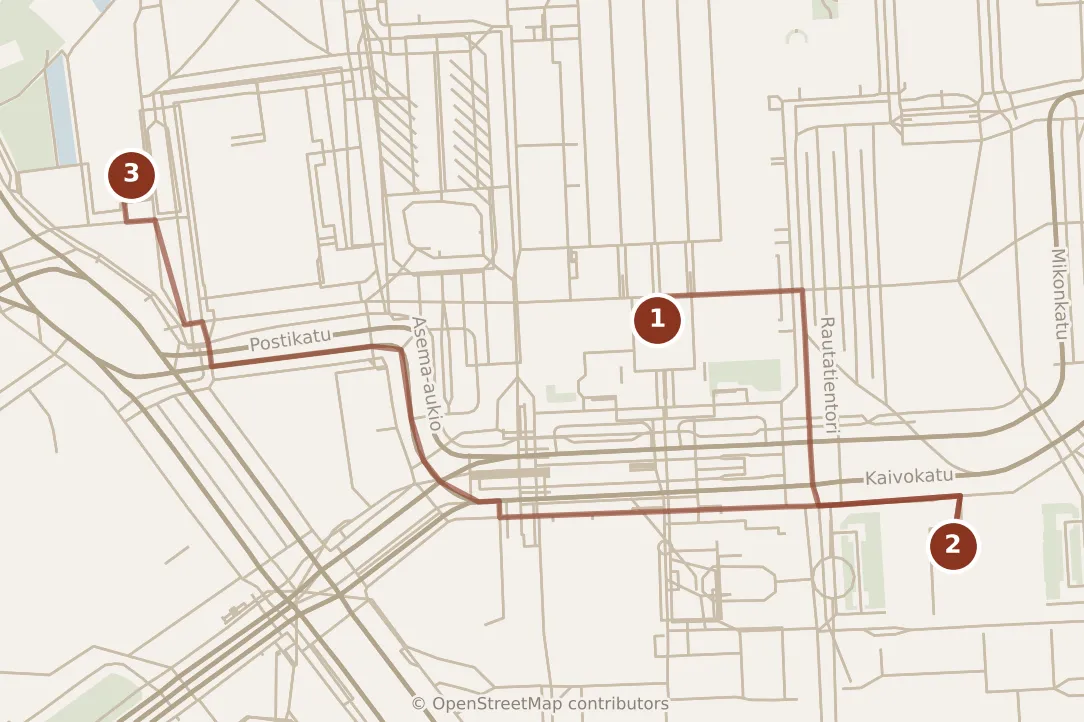 Map of Helsinki, morning: stops 1–3, numbered in walking order.