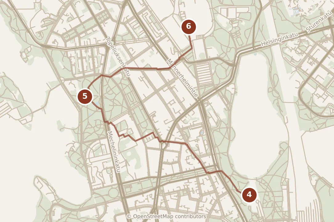 Map of Helsinki, afternoon: stops 4–6, numbered in walking order.