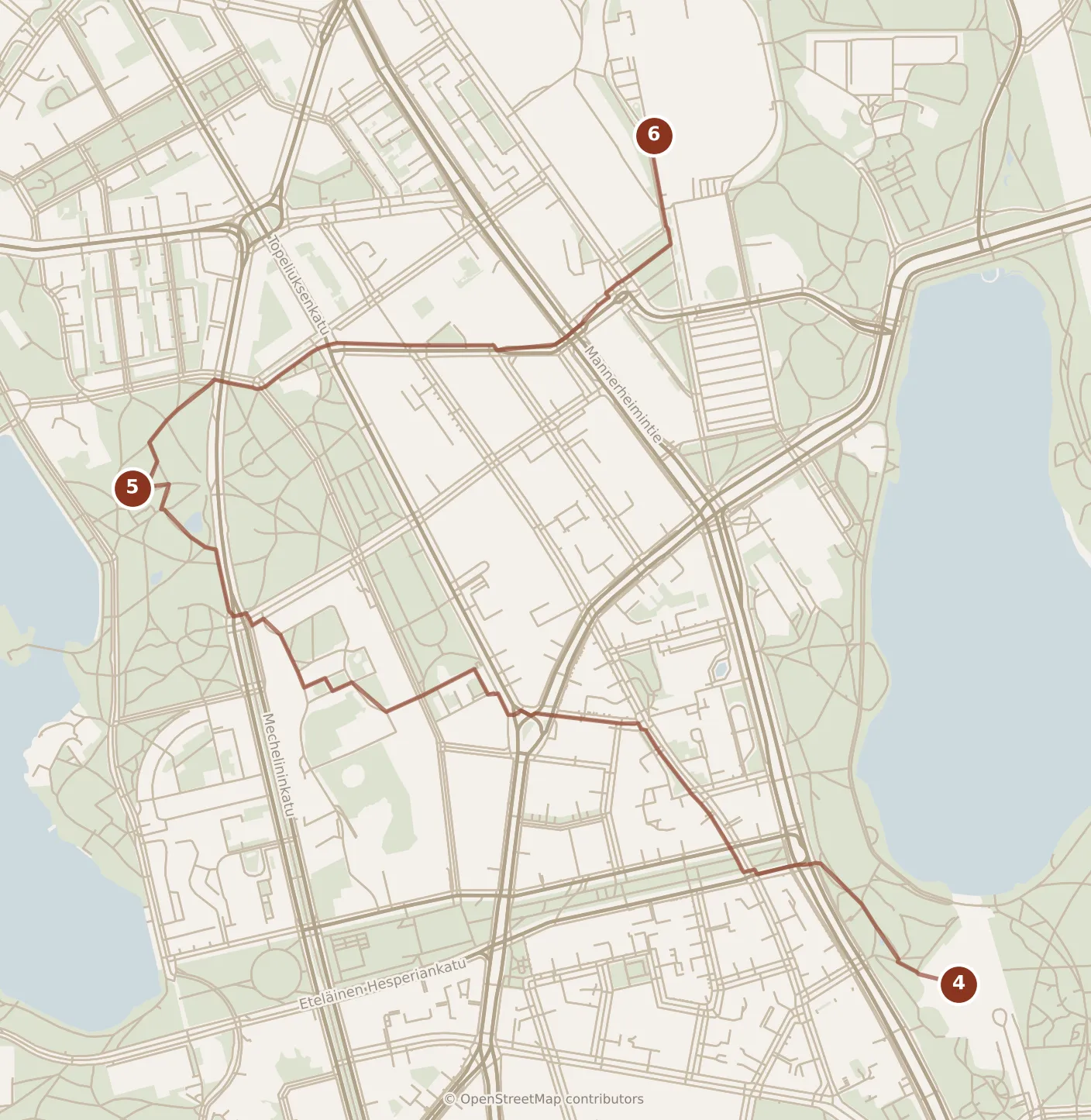 Map of Helsinki, afternoon: stops 4–6, numbered in walking order.