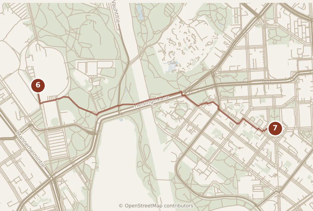 Map of Helsinki, evening: stop 7, numbered in walking order.
