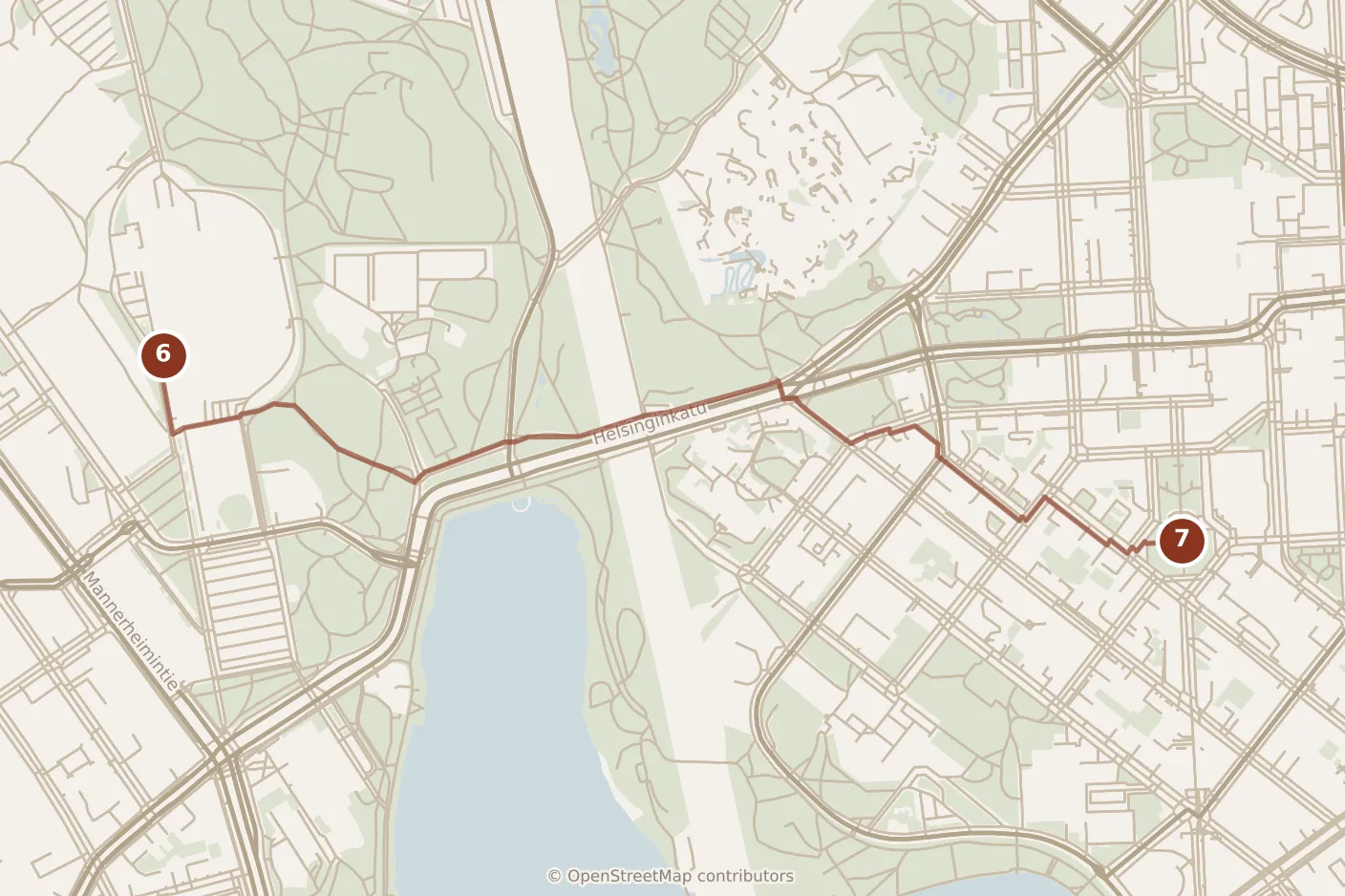 Map of Helsinki, evening: stop 7, numbered in walking order.