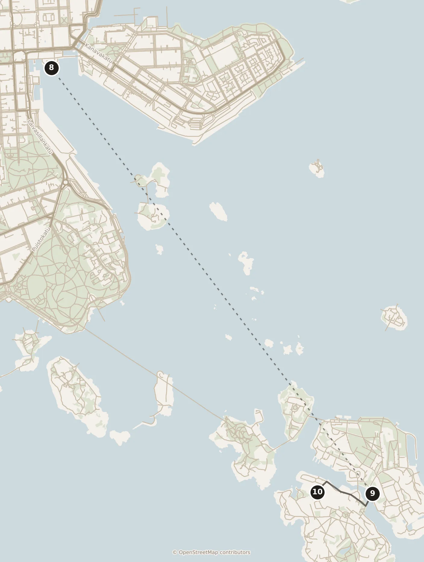 Map of Helsinki, morning: stops 8–10, numbered in walking order.