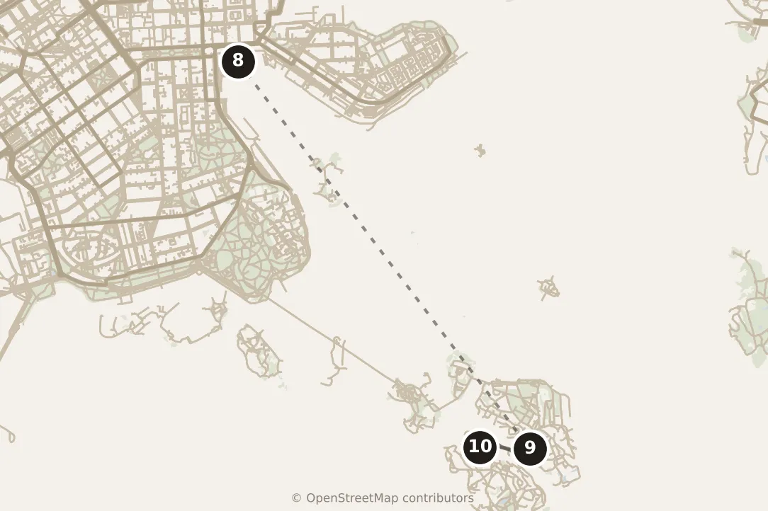Map of Helsinki, morning: stops 8–10, numbered in walking order.