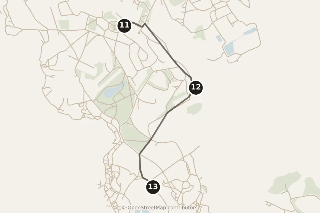 Map of Helsinki, afternoon: stops 11–13, numbered in walking order.