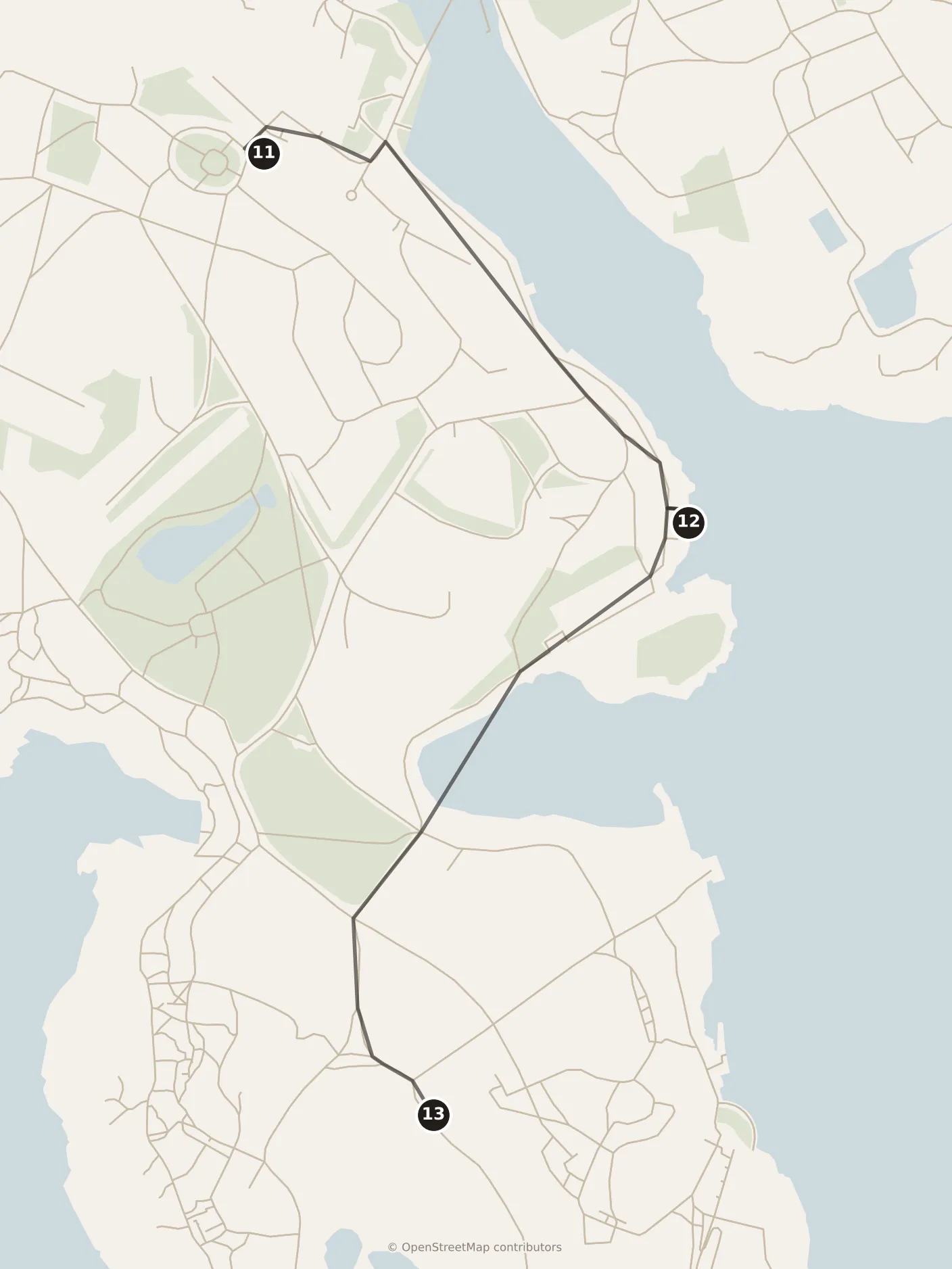 Map of Helsinki, afternoon: stops 11–13, numbered in walking order.