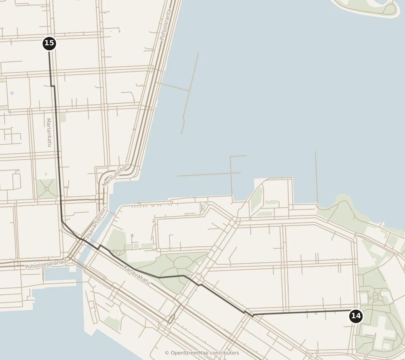 Map of Helsinki, evening: stops 14–15, numbered in walking order.