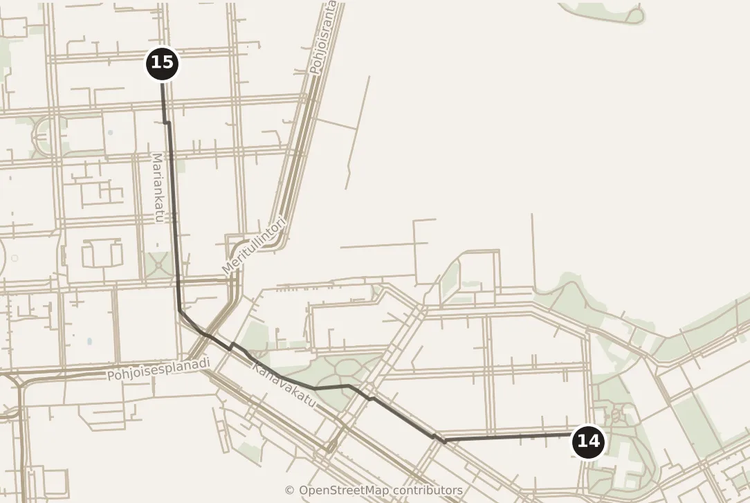 Map of Helsinki, evening: stops 14–15, numbered in walking order.