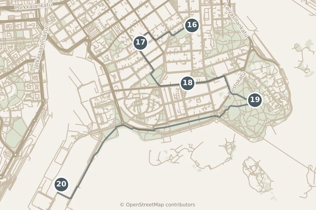 Map of Helsinki, with a third day: stops 16–20, numbered in walking order.