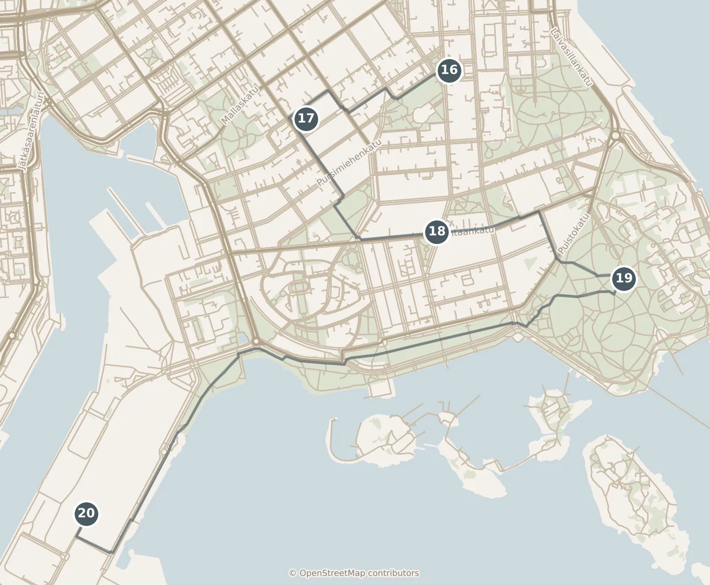 Map of Helsinki, with a third day: stops 16–20, numbered in walking order.
