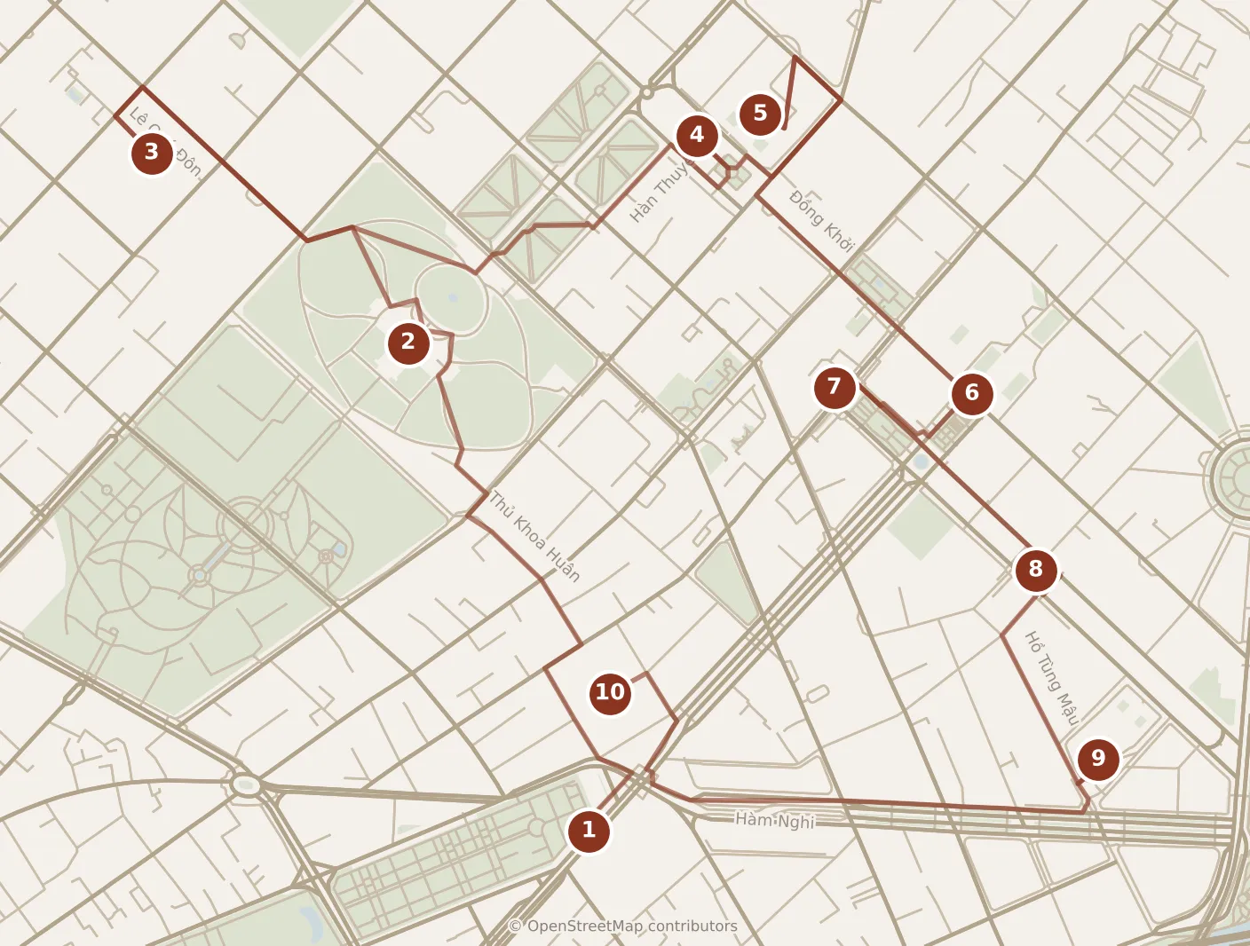 Map of Ho Chi Minh City, the day: stops 1–10, numbered in walking order.