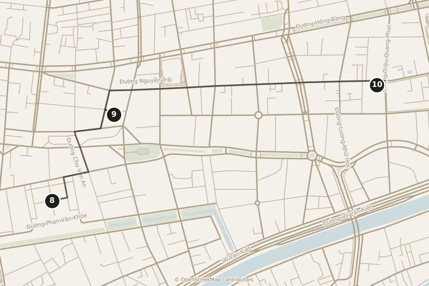 Map of Ho Chi Minh City, morning: stops 8–10, numbered in walking order.
