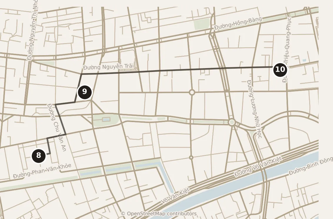 Map of Ho Chi Minh City, morning: stops 8–10, numbered in walking order.