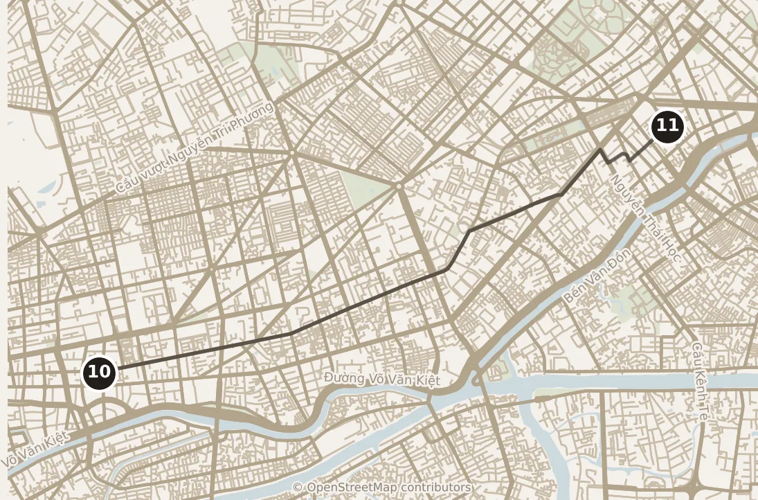 Map of Ho Chi Minh City, afternoon: stop 11, numbered in walking order.