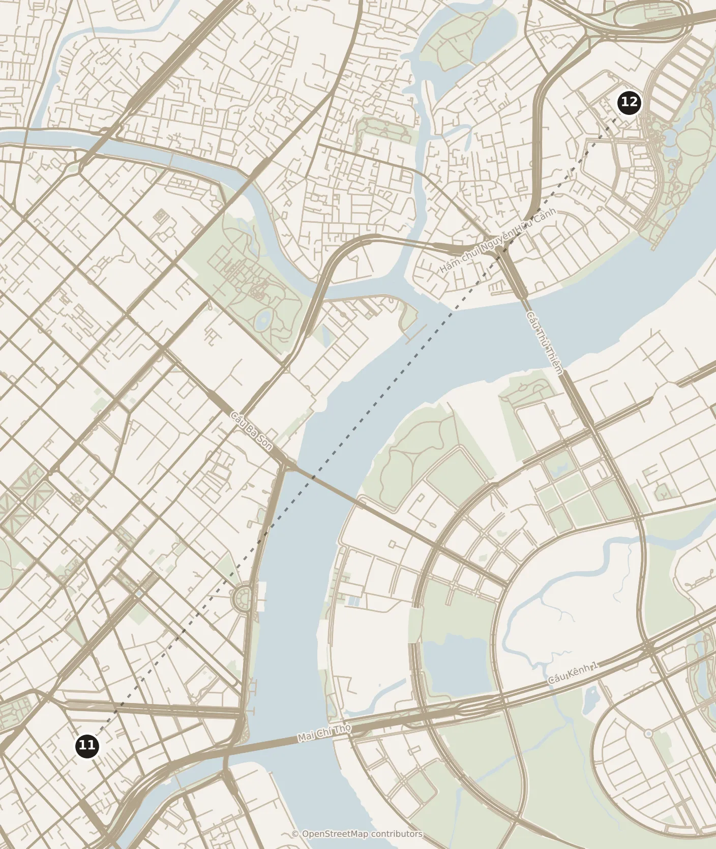 Map of Ho Chi Minh City, evening: stop 12, numbered in walking order.