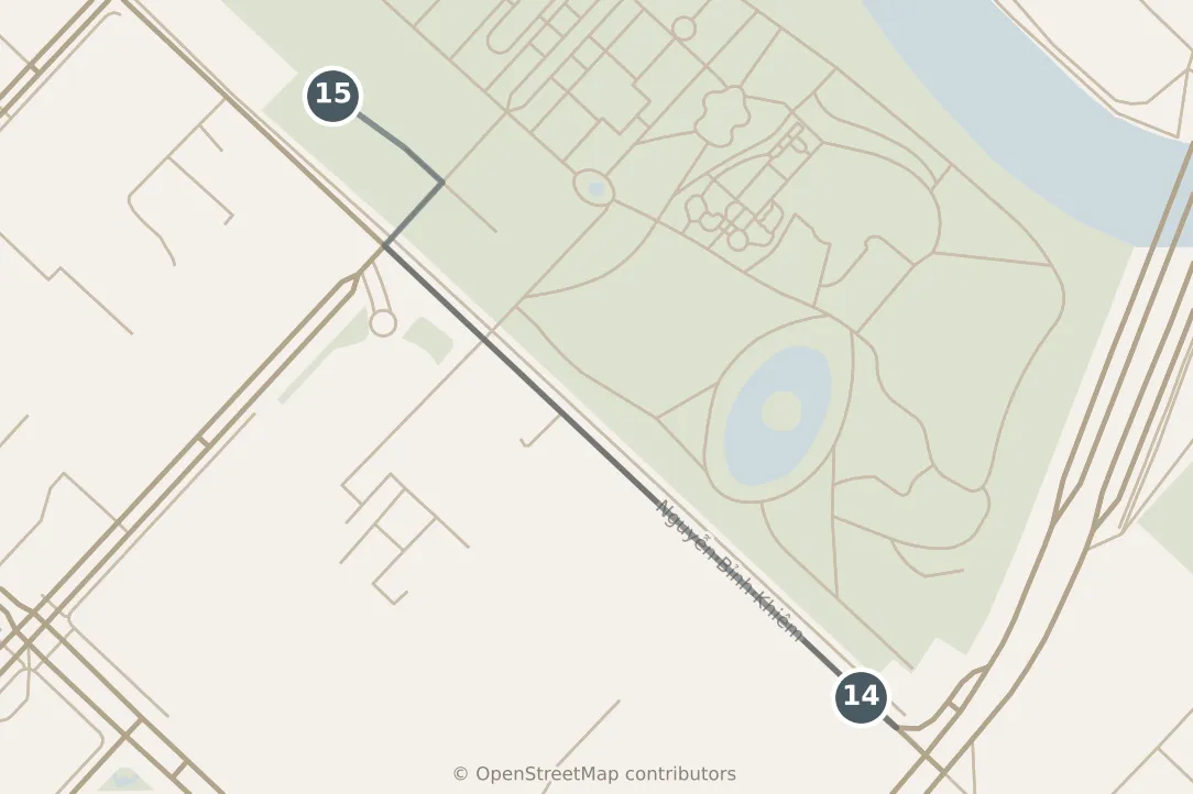 Map of Ho Chi Minh City, with a third day · stops 14–15: stops 14–15, numbered in walking order.