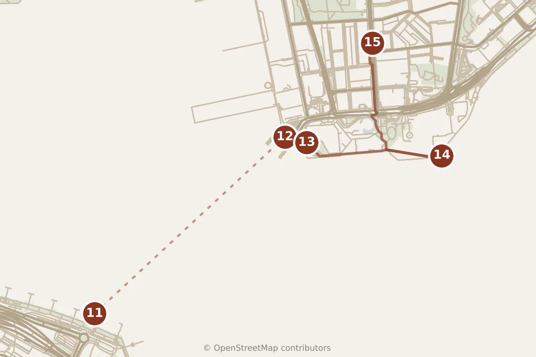Map of Hong Kong, evening: stops 11–15, numbered in walking order.