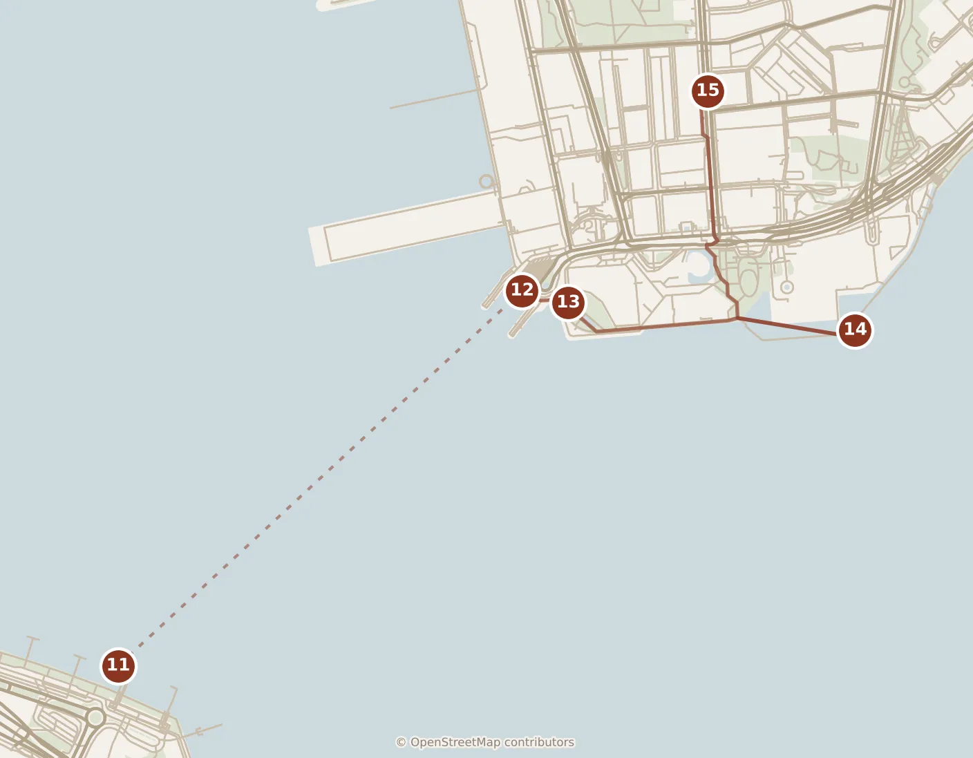 Map of Hong Kong, evening: stops 11–15, numbered in walking order.