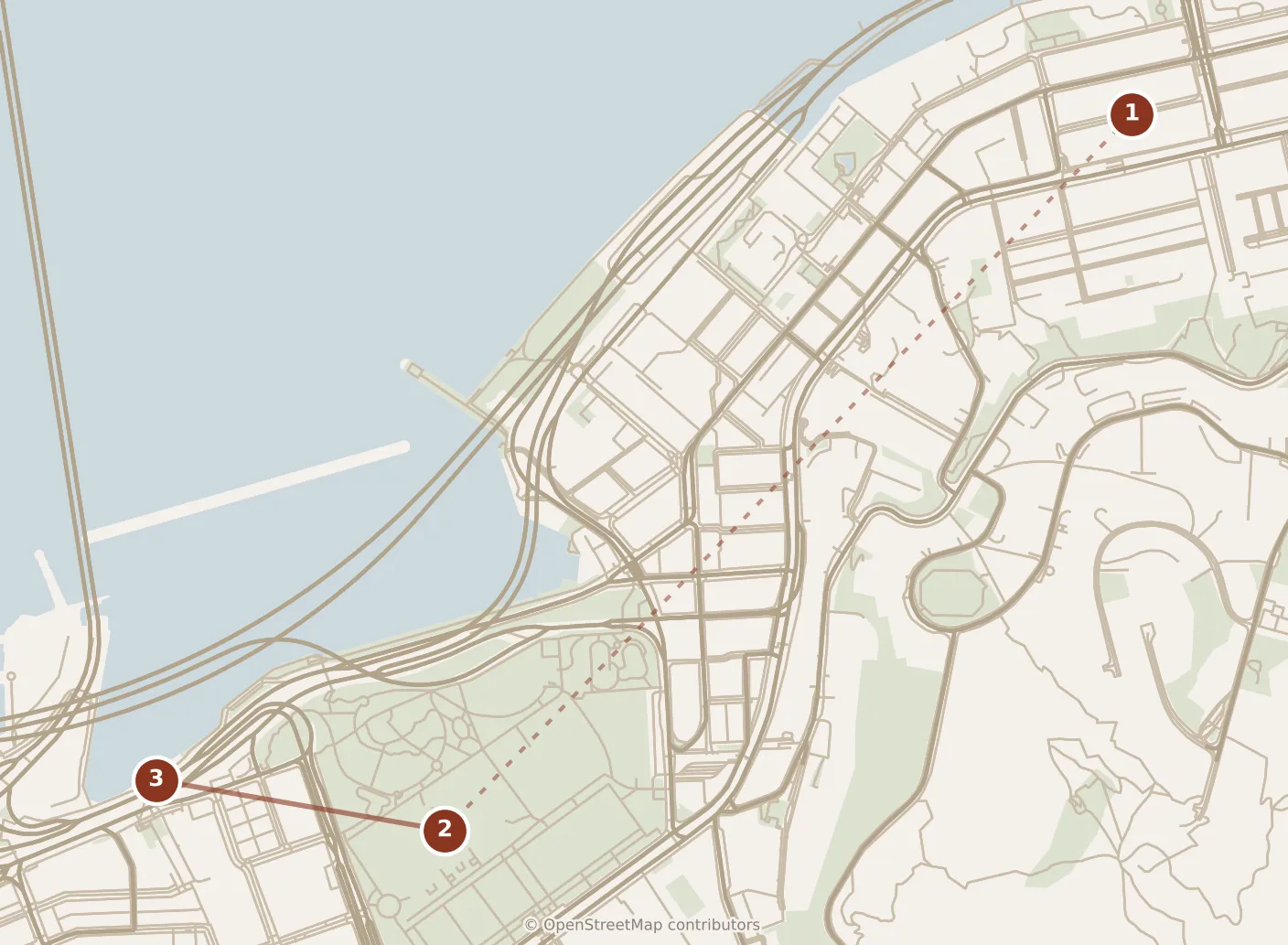 Map of Hong Kong, morning: stops 1–3, numbered in walking order.