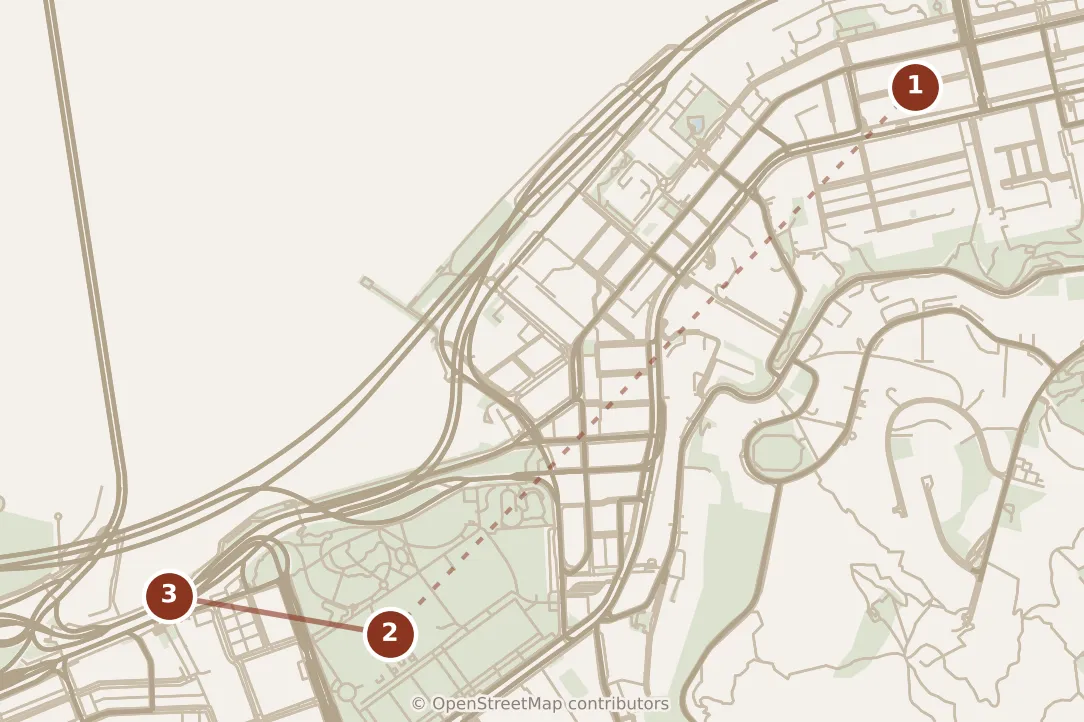 Map of Hong Kong, morning: stops 1–3, numbered in walking order.
