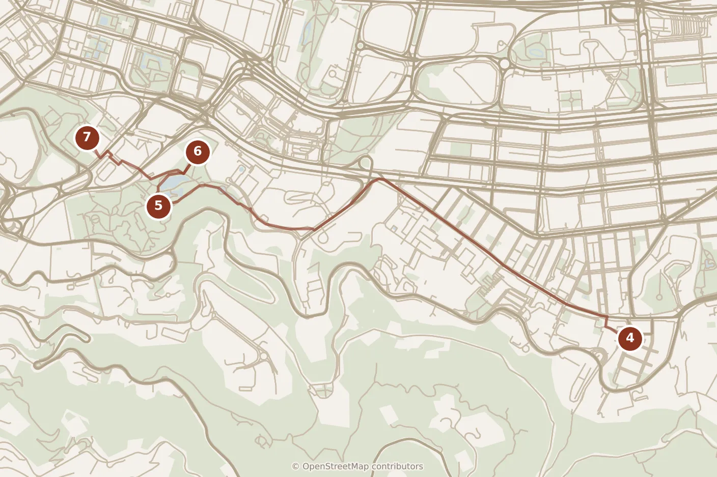 Map of Hong Kong, afternoon: stops 4–7, numbered in walking order.