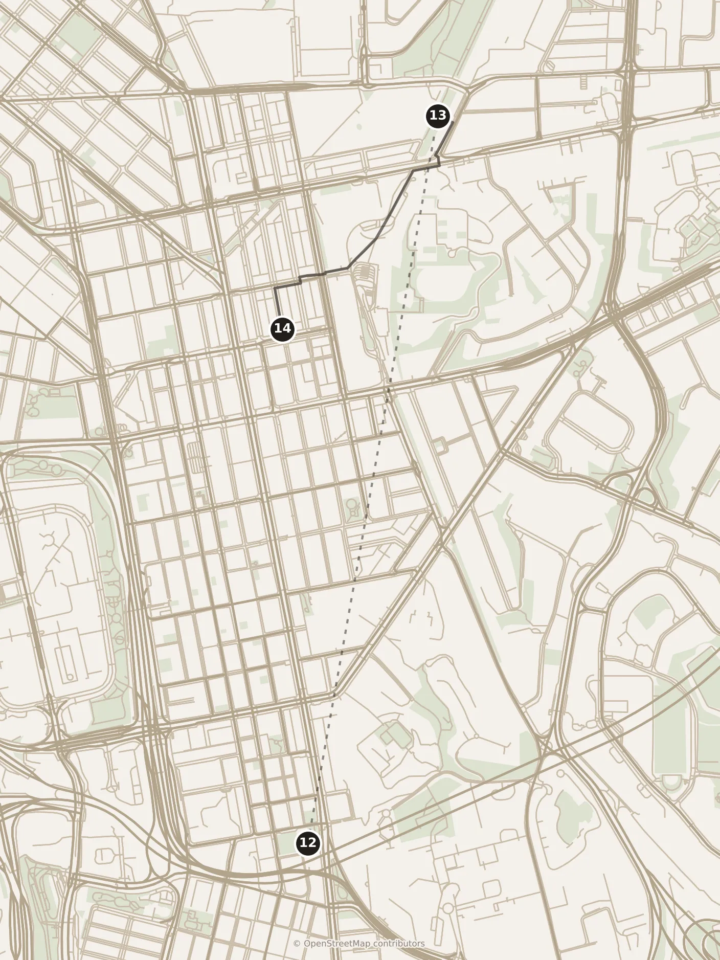 Map of Hong Kong, afternoon: stops 12–14, numbered in walking order.