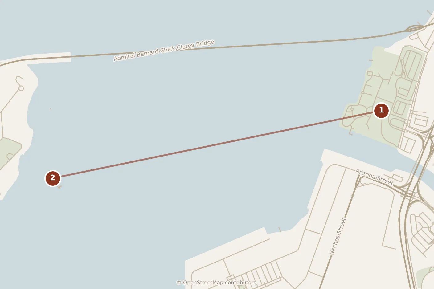 Map of Honolulu, morning: stops 1–2, numbered in walking order.