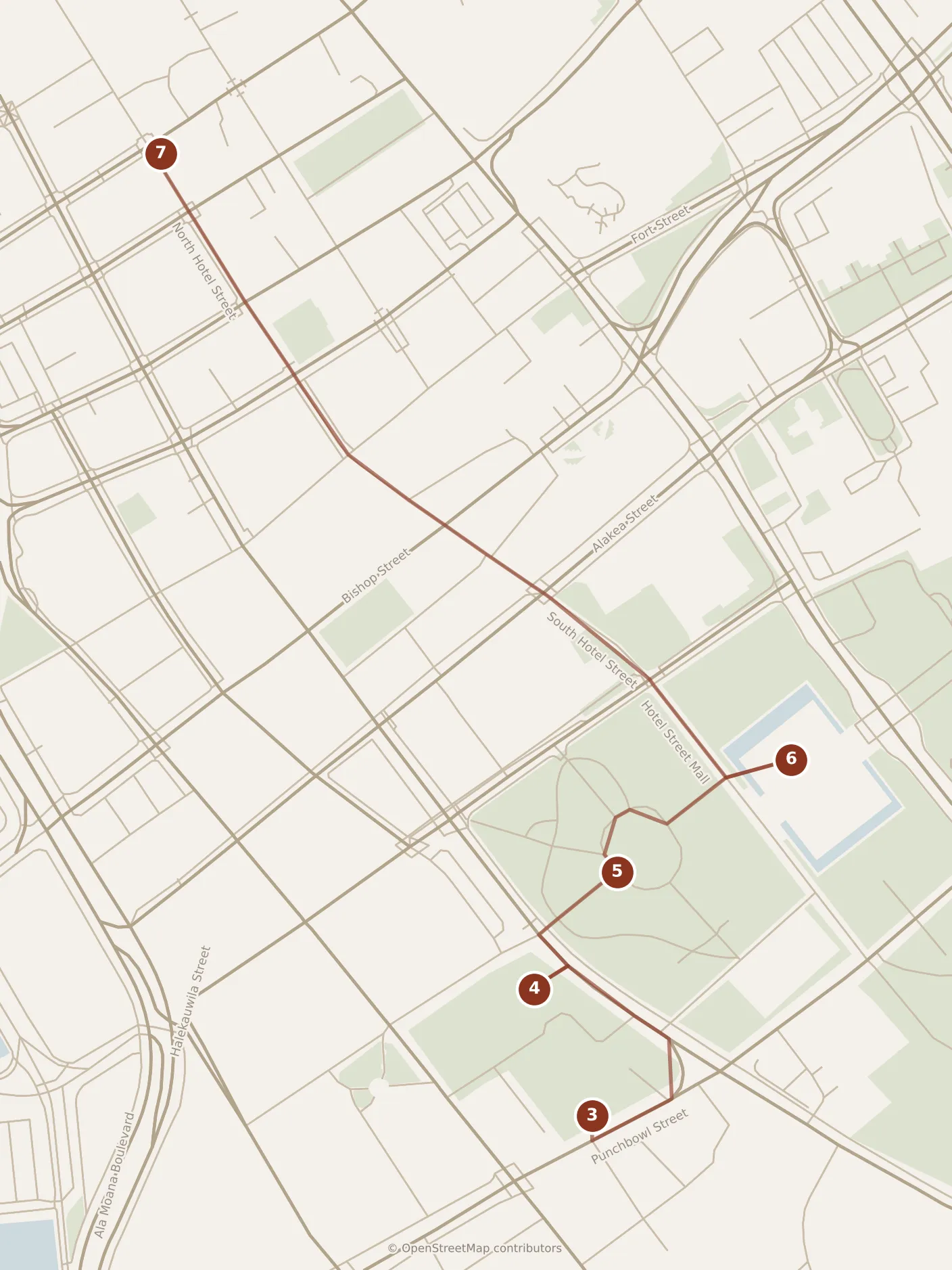 Map of Honolulu, afternoon: stops 3–7, numbered in walking order.