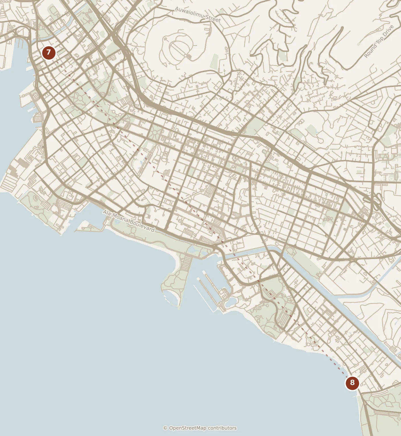 Map of Honolulu, evening: stop 8, numbered in walking order.