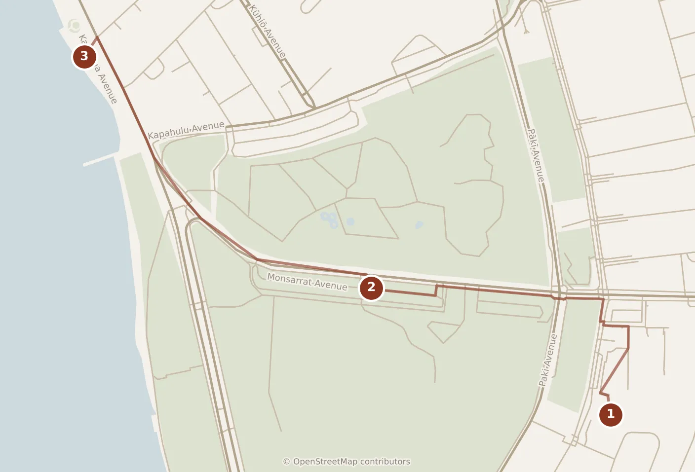 Map of Honolulu, day one: stops 1–3, numbered in walking order.