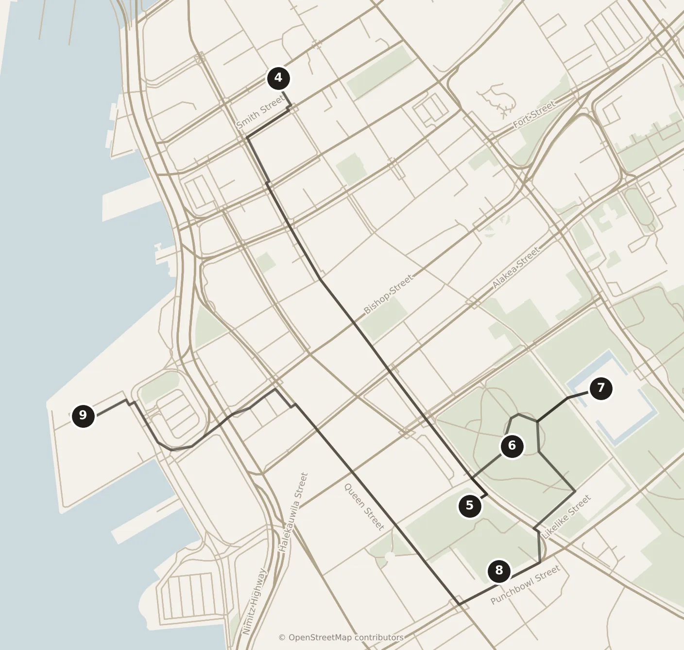 Map of Honolulu, morning and afternoon: stops 4–9, numbered in walking order.