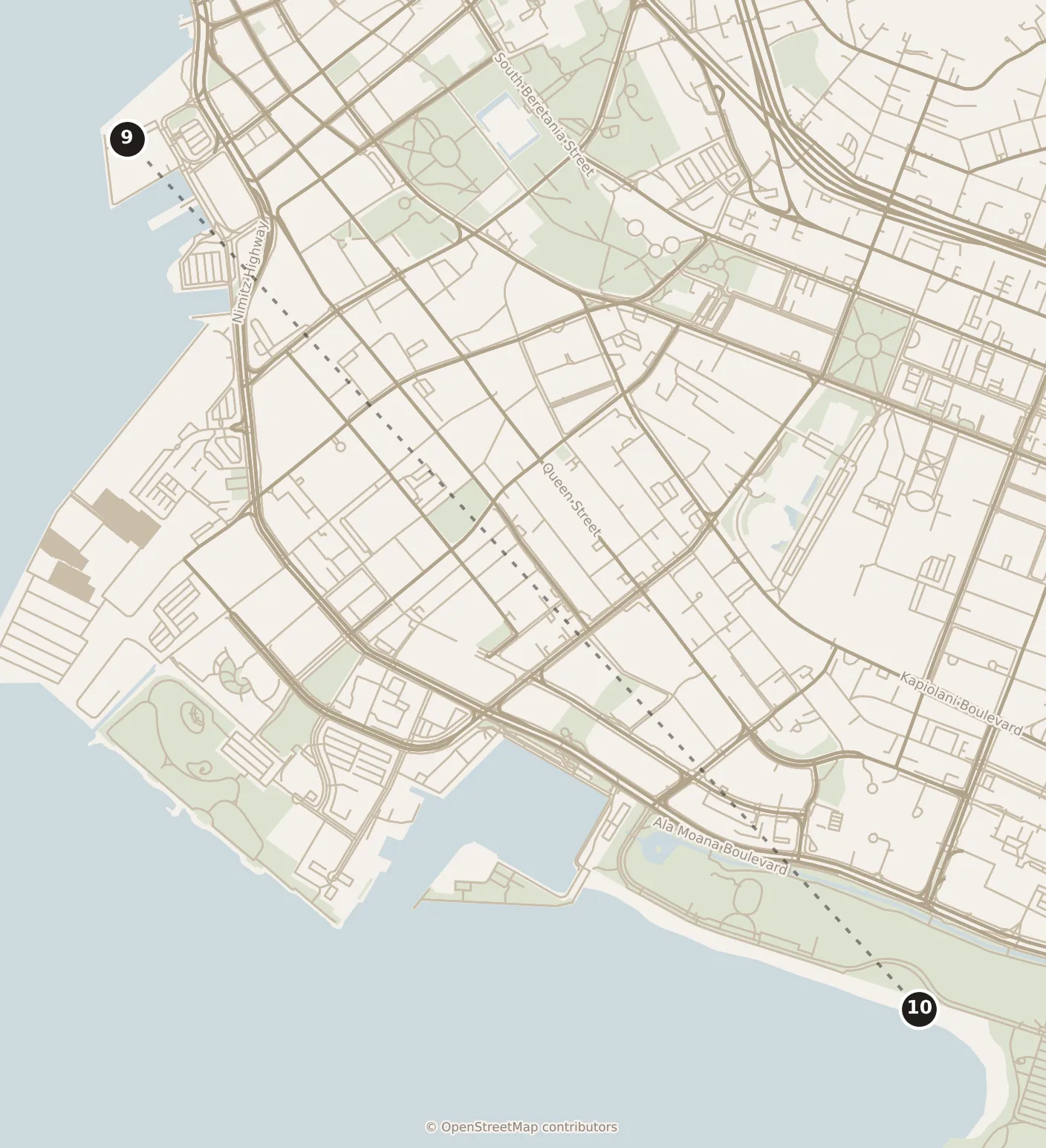 Map of Honolulu, evening: stop 10, numbered in walking order.