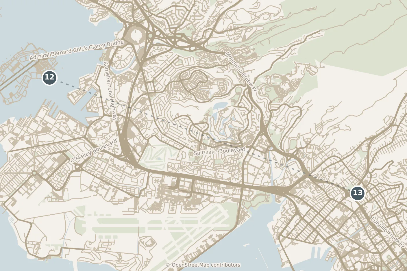Map of Honolulu, with a third day · stop 13: stop 13, numbered in walking order.