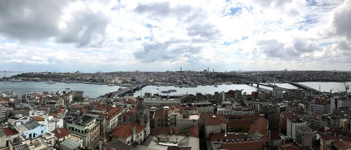 A wide view from the Galata Tower over red-tiled rooftops down to the Golden Horn, its bridges crossing to the domed skyline of the old peninsula beyond, under a cloudy sky.