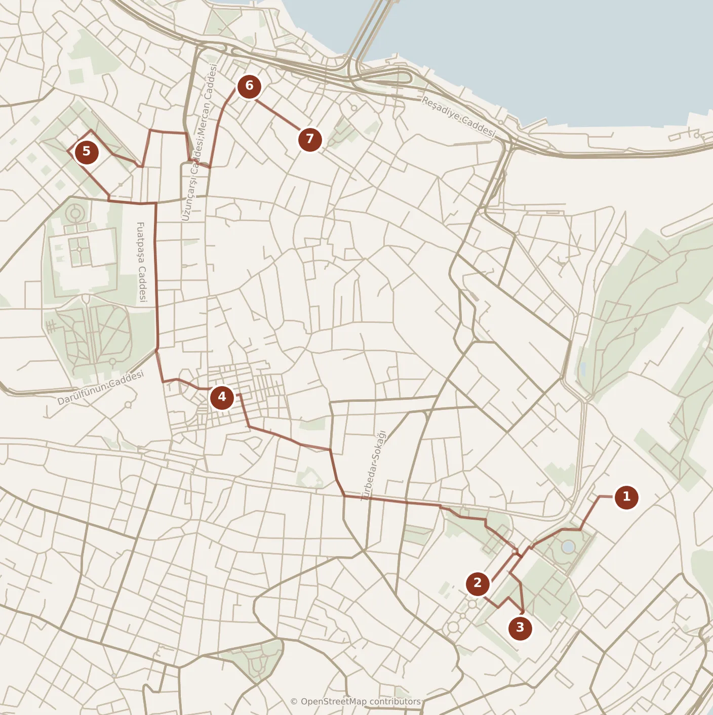 Map of Istanbul, morning and afternoon: stops 1–7, numbered in walking order.