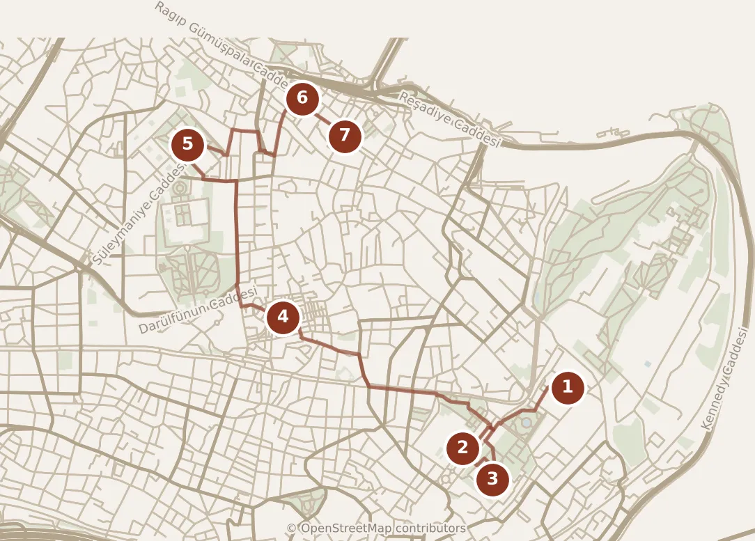 Map of Istanbul, morning and afternoon: stops 1–7, numbered in walking order.
