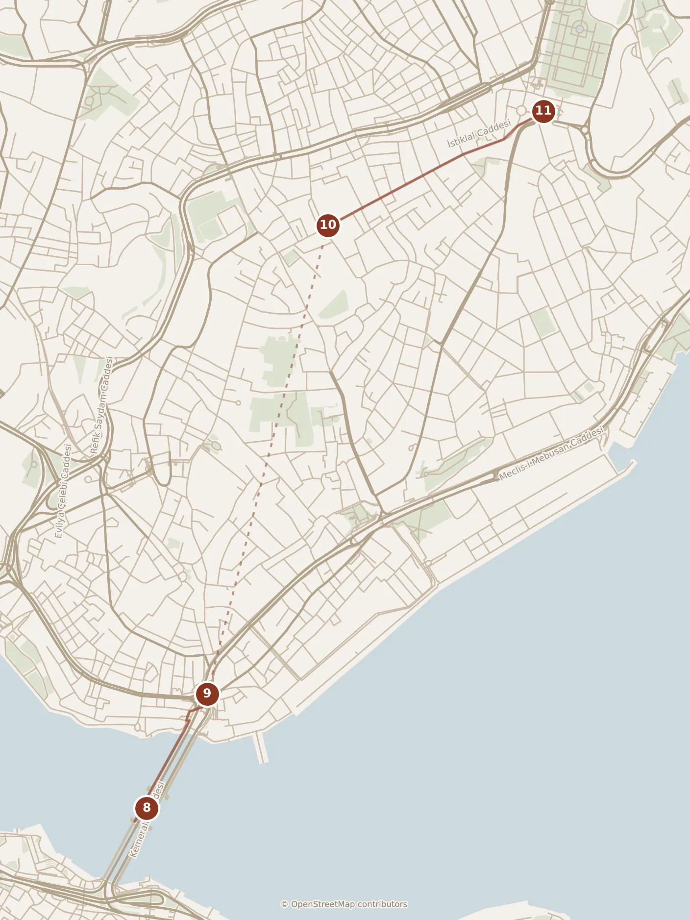 Map of Istanbul, evening: stops 8–11, numbered in walking order.