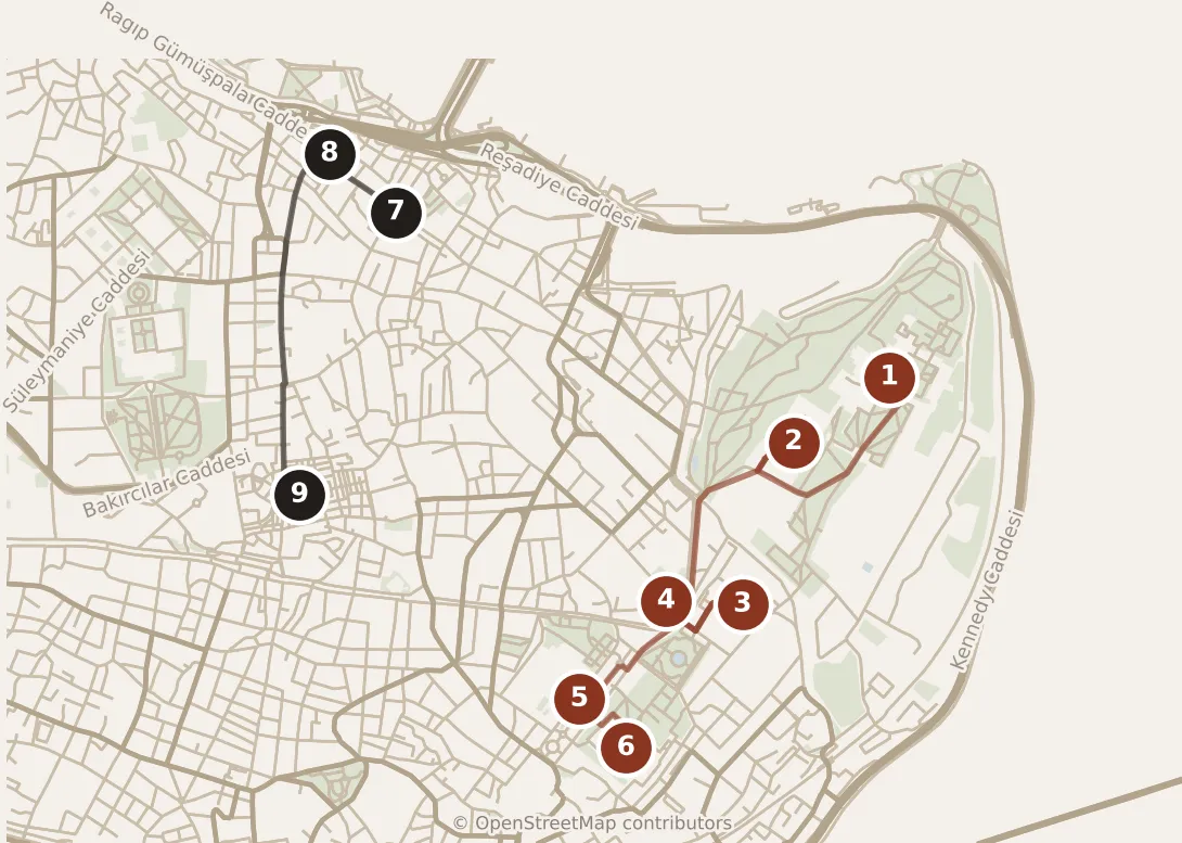 Map of Istanbul, day one and day two: stops 1–9, numbered in walking order.